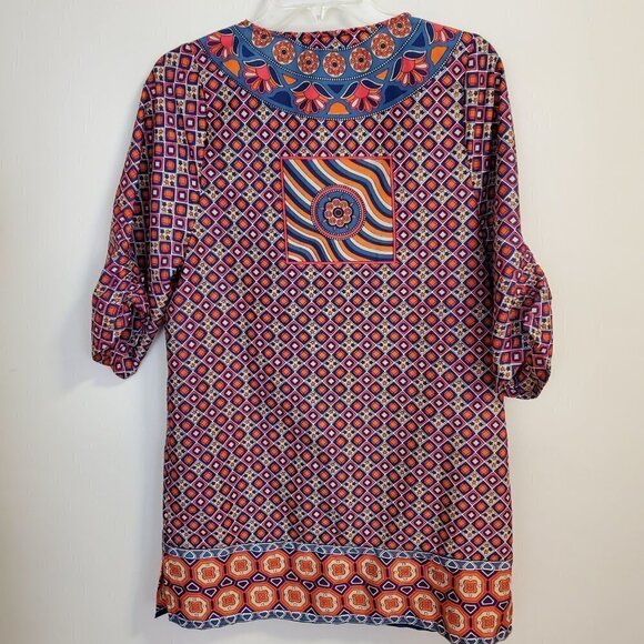 Tolani Size S tunic top Blouse swim coverup colorful Boho orange blue 3/4 sleeve - Picture 7 of 7
